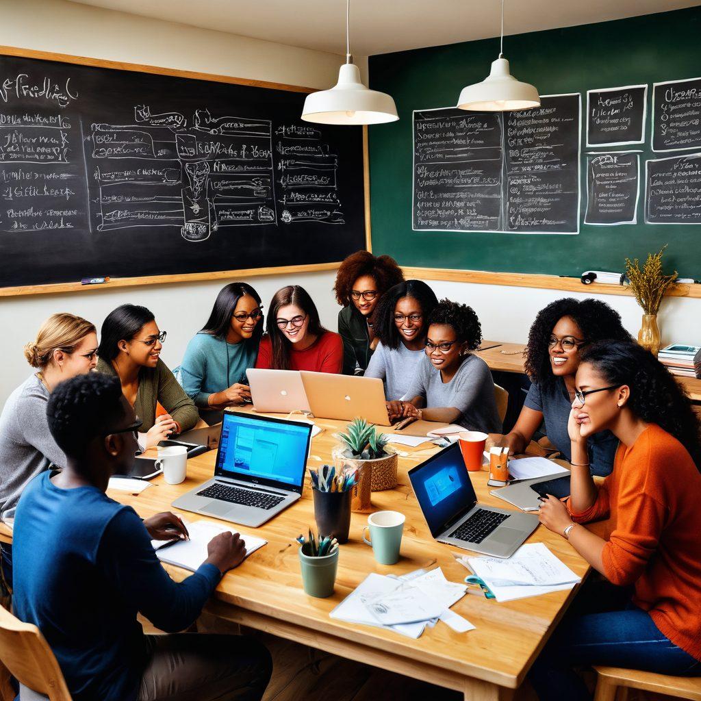 A vibrant illustration depicting a diverse group of aspiring bloggers gathered in a cozy, modern workspace, sharing ideas and insights around a large wooden table. Laptops open, notes scattered, and cups of coffee in hand, they exude excitement and collaboration. In the background, a chalkboard filled with tips and creative concepts adds to the community vibe. super-realistic. vibrant colors. warm lighting.