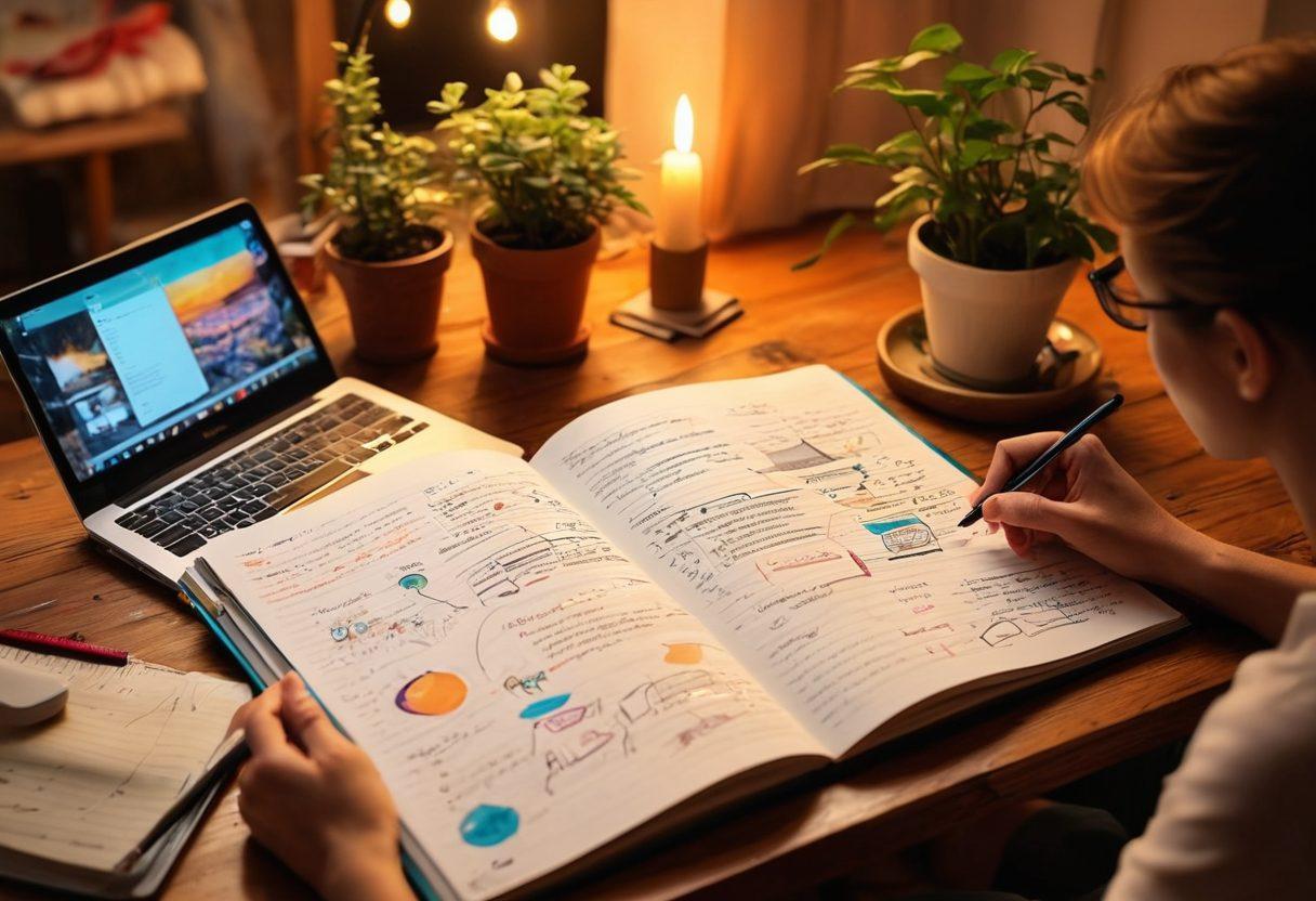 A beautiful, open digital diary with vibrant pages displaying colorful notes and sketches. A person creatively writing and brainstorming content, surrounded by modern technology, like a laptop and tablet. Soft ambient lighting casts a warm glow, enhancing the artistic atmosphere. Include elements of nature, like a small plant and a cup of coffee to symbolize creativity and inspiration. super-realistic. vibrant colors. cozy ambiance.