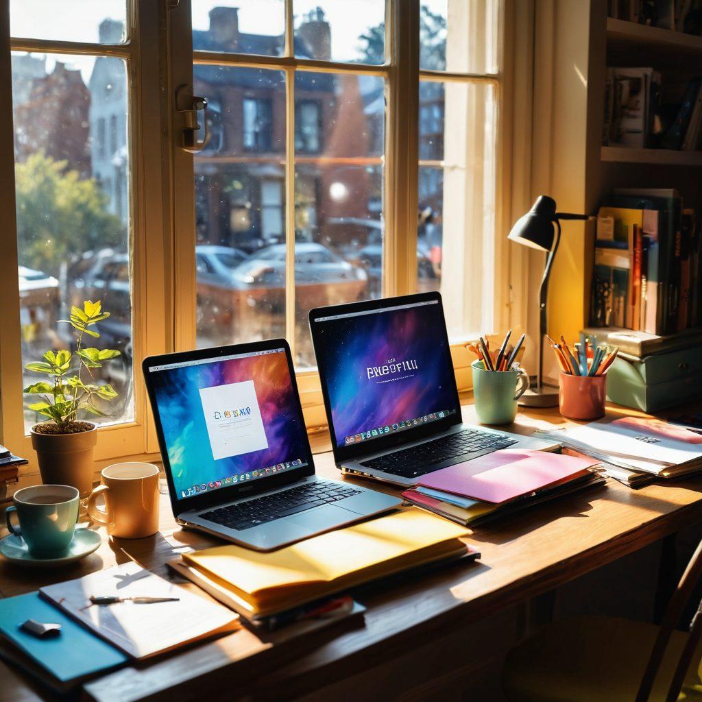 A vibrant workspace filled with colorful stationary, a glowing laptop displaying a blog with engaging content, scattered books on creativity, and a cup of coffee with steam rising. Bright, inviting sunlight streams through a window, casting a warm glow over the scene. The image should evoke inspiration and creativity, suggesting a productive blogging environment. super-realistic. vibrant colors. airy atmosphere.